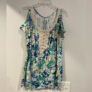 Elegant Floral Women's Blouse in Blue and Green